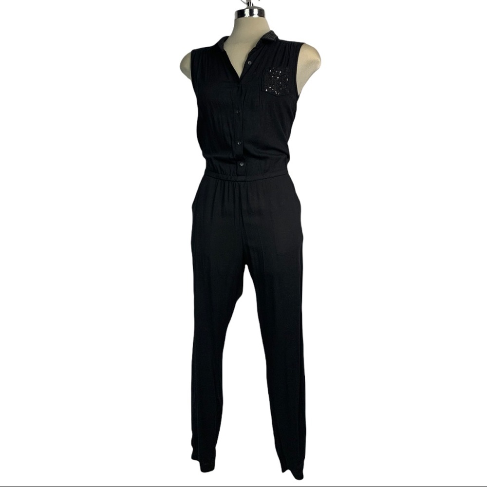 Elegant Jumpsuit Black Embellished Sequin Pocket Size S - Picture 3 of 9